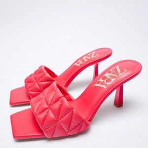 NWT. Zara Pink Heeled Quilted Sandals. Size 9.